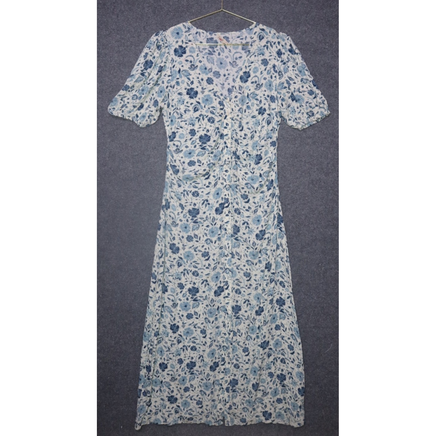 Faherty Dress Women M White Blue Floral Print Maxi Button Down V Neck Puff Euc